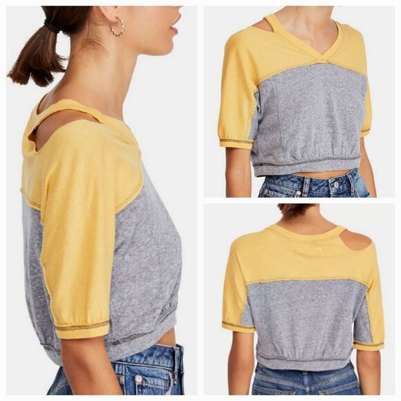 Free People Field Goal Colorblocked Cold shoulder Crop Cutout Top Gray/Yellow - Picture 2 of 7